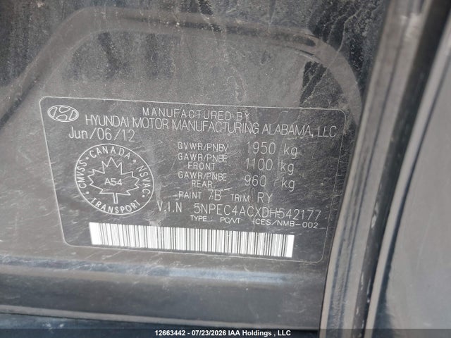 Продаж на аукціоні авто 2013 Hyundai Sonata Se, vin: 5NPEC4ACXDH542177, номер лоту: 12663442