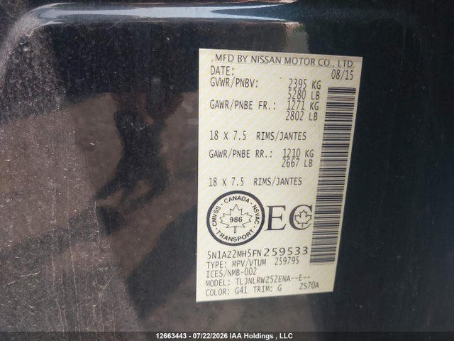 Nissan Murano 2015 5N1AZ2MH5FN259533 Image 9