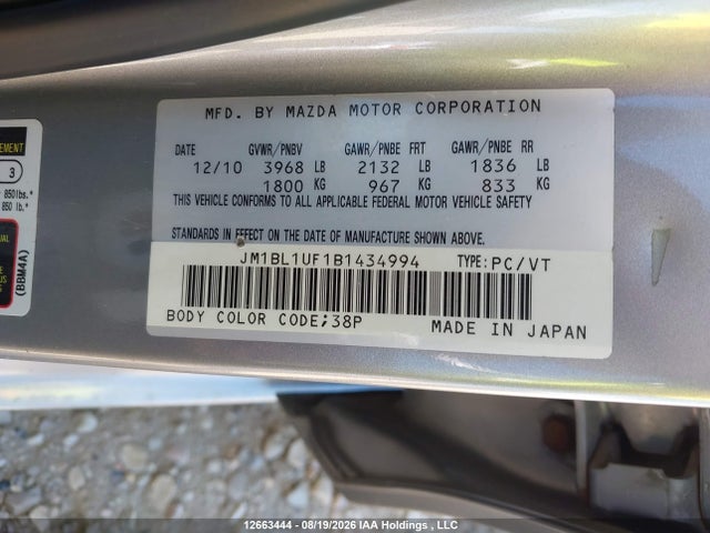 12663444 :رقم المزاد ، JM1BL1UF1B1434994 vin ، 2011 Mazda 3 I مزاد بيع