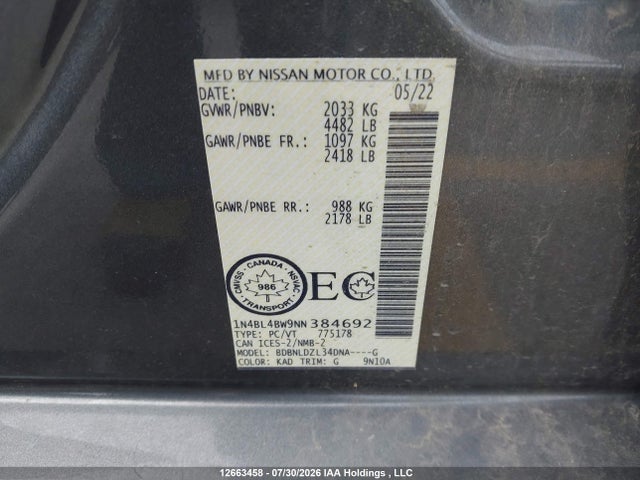 1N4BL4BW9NN384692 Nissan Altima 2.5 Se