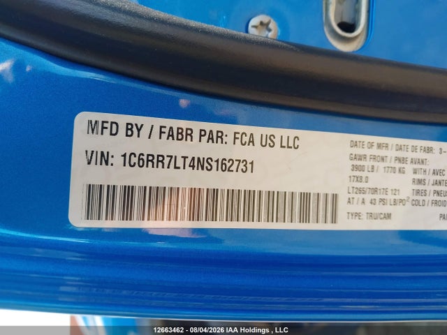 2022 Ram 1500 Classic Slt მანქანა იყიდება აუქციონზე, vin: 1C6RR7LT4NS162731, აუქციონის ნომერი: 12663462