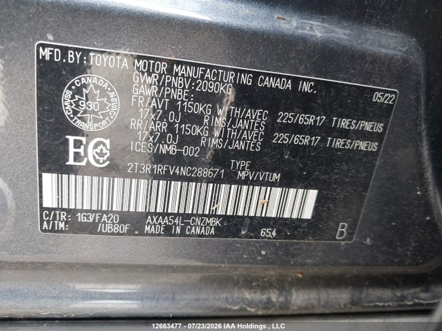 12663477 :رقم المزاد ، 2T3R1RFV4NC288671 vin ، 2022 Toyota Rav4 Xle مزاد بيع