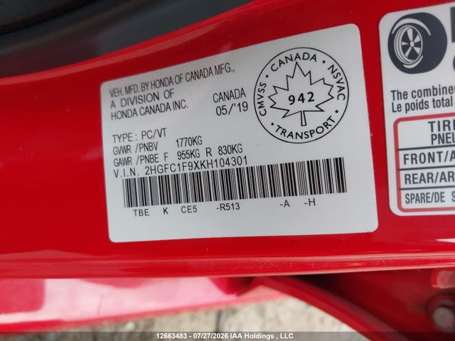 2019 Honda Civic Touring მანქანა იყიდება აუქციონზე, vin: 2HGFC1F9XKH104301, აუქციონის ნომერი: 12663483