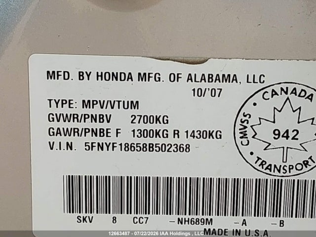 12663487 :رقم المزاد ، 5FNYF18658B502368 vin ، 2008 Honda Pilot Exl مزاد بيع