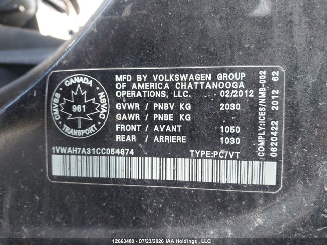 12663489 :رقم المزاد ، 1VWAH7A31CC054874 vin ، 2012 Volkswagen Passat 2.5l Trendline/2.5l Trendline+ مزاد بيع