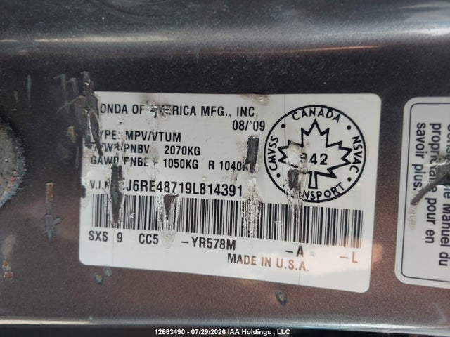 2009 Honda Cr-v Ex-l მანქანა იყიდება აუქციონზე, vin: 5J6RE48719L814391, აუქციონის ნომერი: 12663490