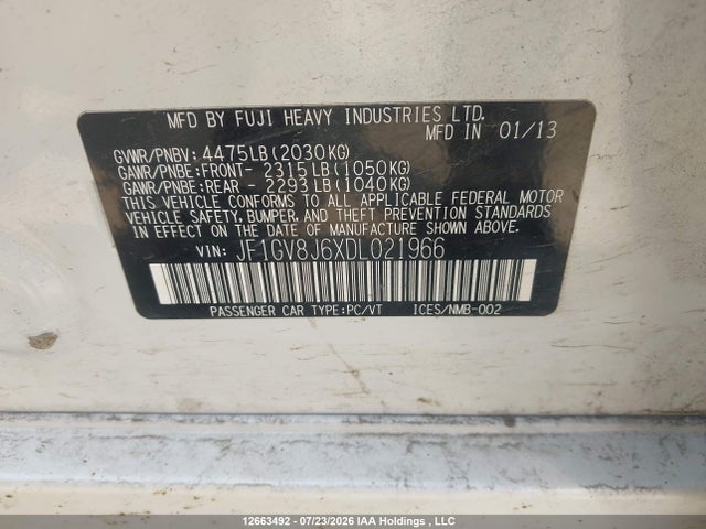 12663492 :رقم المزاد ، JF1GV8J6XDL021966 vin ، 2013 Subaru Impreza Wrx Sti مزاد بيع