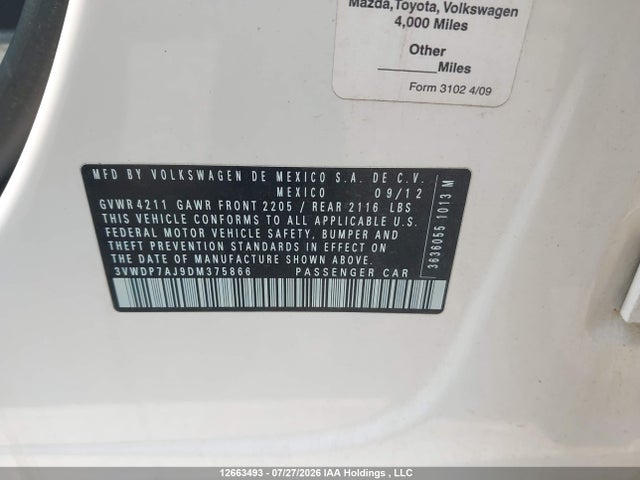 12663493 :رقم المزاد ، 3VWDP7AJ9DM375866 vin ، 2013 Volkswagen Jetta Se مزاد بيع