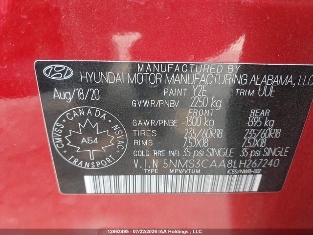 2020 Hyundai Santa Fe Sel/sel Plus მანქანა იყიდება აუქციონზე, vin: 5NMS3CAA8LH267240, აუქციონის ნომერი: 12663495