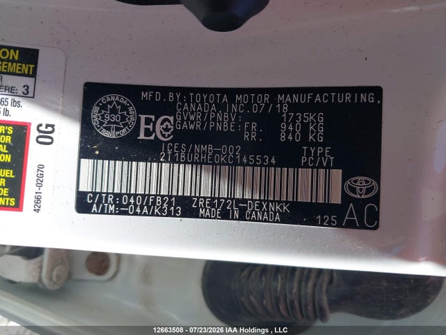 Aukcja sprzedaży 2019 Toyota Corolla Le, vin: 2T1BURHE0KC145534, numer aukcji: 12663508