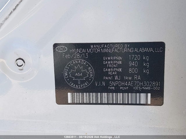 12663511 :رقم المزاد ، 5NPDH4AE7DH302891 vin ، 2013 Hyundai Elantra Gls/limited مزاد بيع