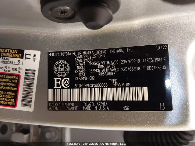 5TDKDRBHXPS000356 Toyota Highlander Xle