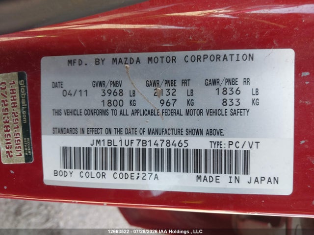 Aukcja sprzedaży 2011 Mazda 3 I, vin: JM1BL1UF7B1478465, numer aukcji: 12663522