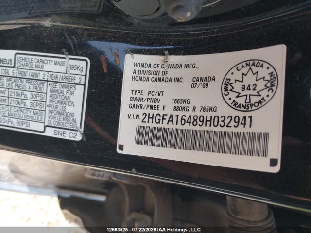2009 Honda Civic Dx-g მანქანა იყიდება აუქციონზე, vin: 2HGFA16489H032941, აუქციონის ნომერი: 12663525