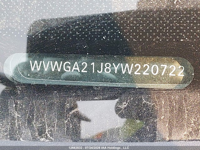 2000 Volkswagen Golf Gls მანქანა იყიდება აუქციონზე, vin: WVWGA21J8YW220722, აუქციონის ნომერი: 12663532