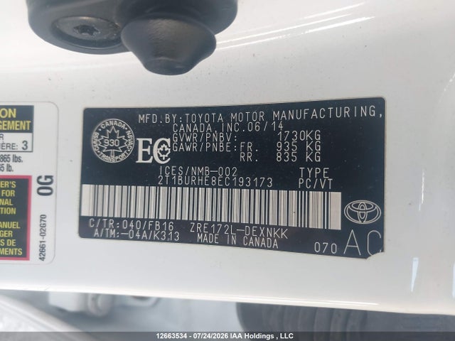 2T1BURHE8EC193173 Toyota Corolla L/le/le Pls/prm/s/s Pls