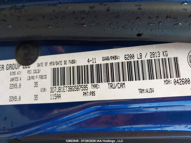 2011 Ram Ram 1500 R/t მანქანა იყიდება აუქციონზე, vin: 3D7JB1ET3BG587595, აუქციონის ნომერი: 12663545