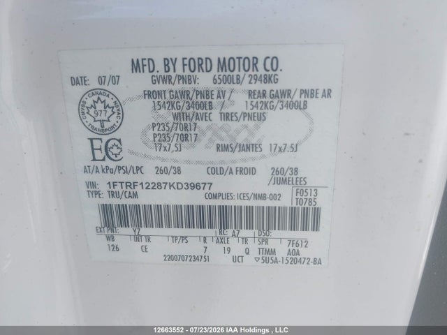 Продаж на аукціоні авто 2007 Ford F-150 Stx/xl/xlt, vin: 1FTRF12287KD39677, номер лоту: 12663552