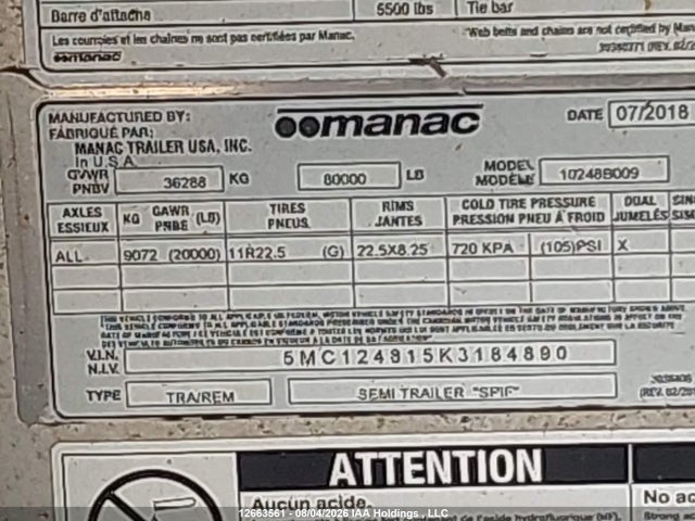 Продаж на аукціоні авто 2019 Manac Inc , vin: 5MC124815K3184890, номер лоту: 12663561