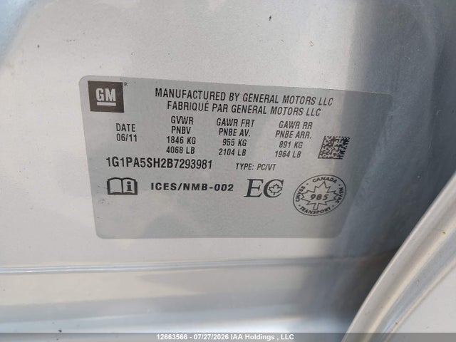 2011 Chevrolet Cruze Ls მანქანა იყიდება აუქციონზე, vin: 1G1PA5SH2B7293981, აუქციონის ნომერი: 12663566