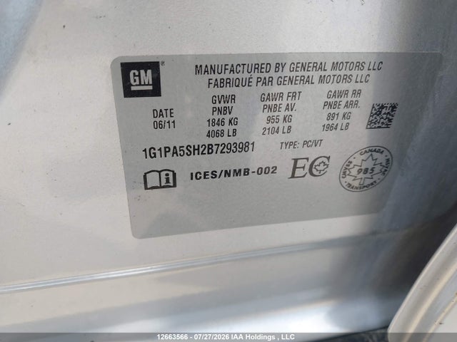2011 Chevrolet Cruze Ls მანქანა იყიდება აუქციონზე, vin: 1G1PA5SH2B7293981, აუქციონის ნომერი: 12663566