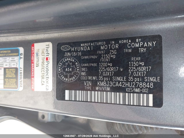 2017 Hyundai Tucson Limited/sport And Eco/se მანქანა იყიდება აუქციონზე, vin: KM8J3CA42HU278848, აუქციონის ნომერი: 12663567
