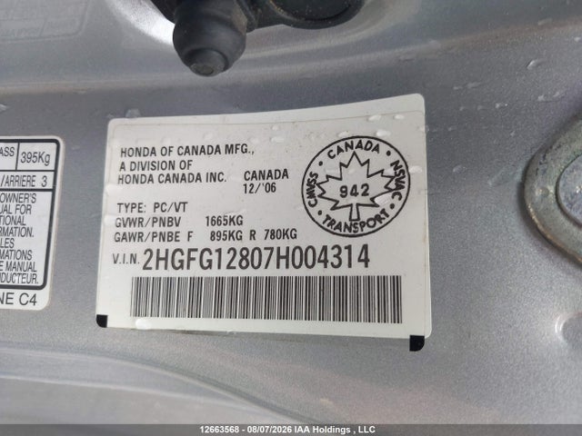 Продаж на аукціоні авто 2007 Honda Civic, vin: 2HGFG12807H004314, номер лоту: 12663568