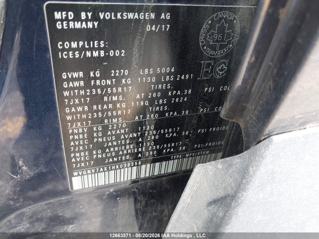 Aukcja sprzedaży 2017 Volkswagen Tiguan, vin: WVGNV7AX1HK038358, numer aukcji: 12663571