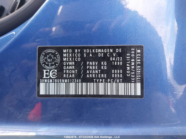 Продажа на аукционе авто 2022 Volkswagen Jetta Sel, vin: 3VWGM7BU5NM012349, номер лота: 12663576