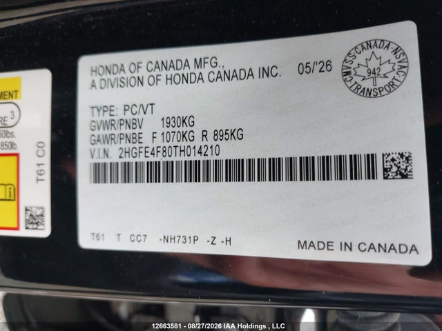 2HGFE4F80TH014210 Honda Civic Sport Hybrid/sport Touring Hybrid
