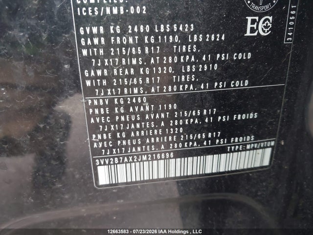 Продаж на аукціоні авто 2018 Volkswagen Tiguan Comfortline, vin: 3VV2B7AX2JM216696, номер лоту: 12663583