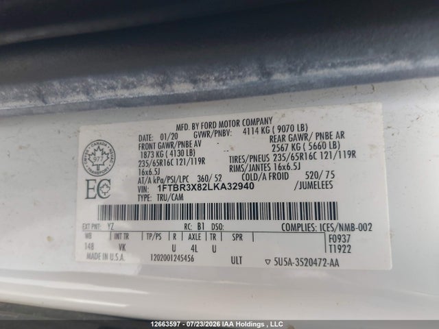Aukcja sprzedaży 2020 Ford Transit T-250, vin: 1FTBR3X82LKA32940, numer aukcji: 12663597