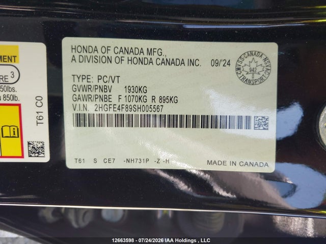 Honda Civic 2025 2HGFE4F89SH005567 Image 9