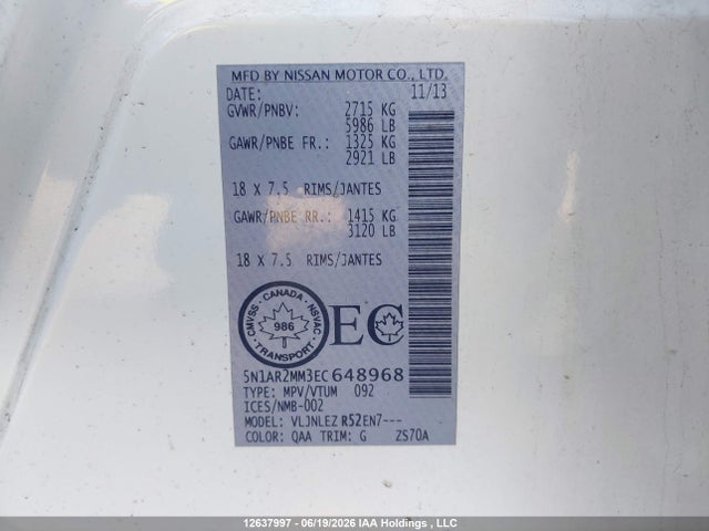 Aukcja sprzedaży 2014 Nissan Pathfinder S/sv/sl/platinum, vin: 5N1AR2MM3EC648968, numer aukcji: 12637997