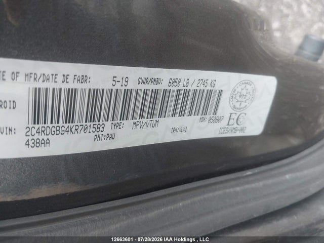 12663601 :رقم المزاد ، 2C4RDGBG4KR701583 vin ، 2019 Dodge Grand Caravan Cvp/sxt مزاد بيع