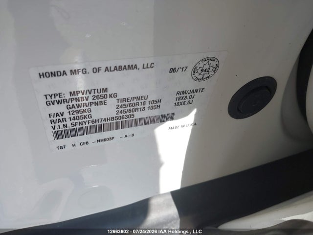 Honda PILOT EXLN 2017 5FNYF6H74HB506305 Image 18