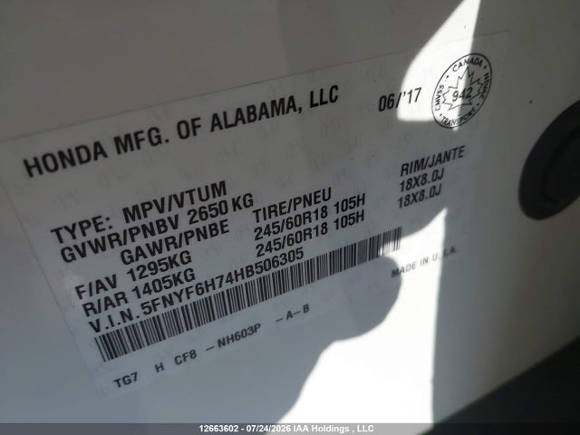 Honda PILOT EXLN 2017 5FNYF6H74HB506305 Image 9