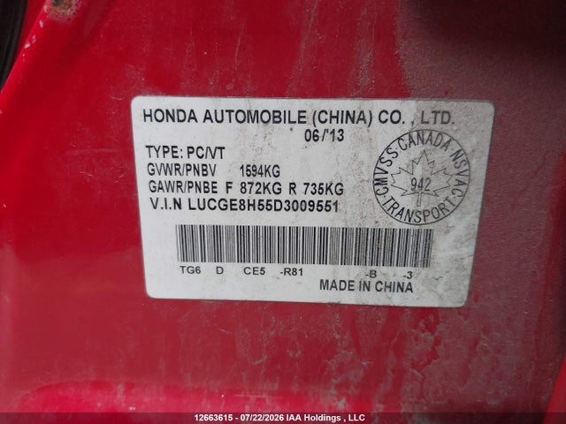 Продажа на аукционе авто 2013 Honda Fit Lx, vin: LUCGE8H55D3009551, номер лота: 12663615
