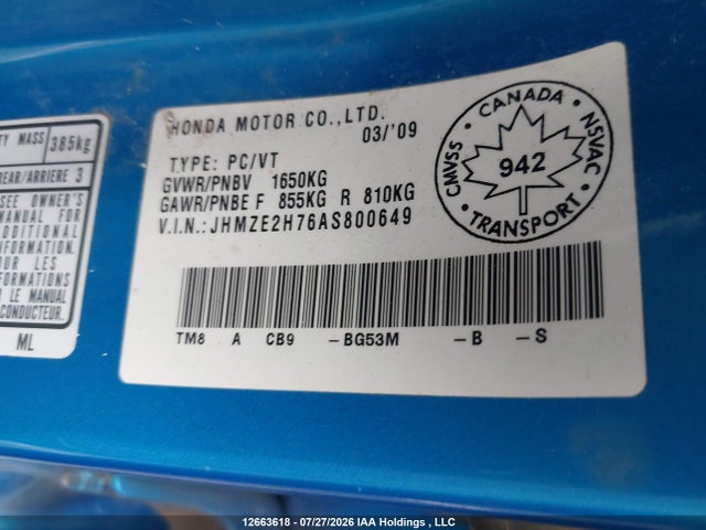12663618 :رقم المزاد ، JHMZE2H76AS800649 vin ، 2010 Honda Insight Ex مزاد بيع