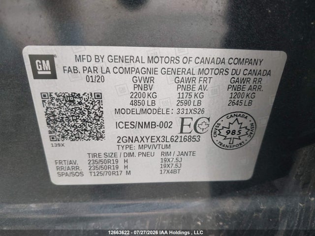12663622 :رقم المزاد ، 2GNAXYEX3L6216853 vin ، 2020 Chevrolet Equinox Premier مزاد بيع
