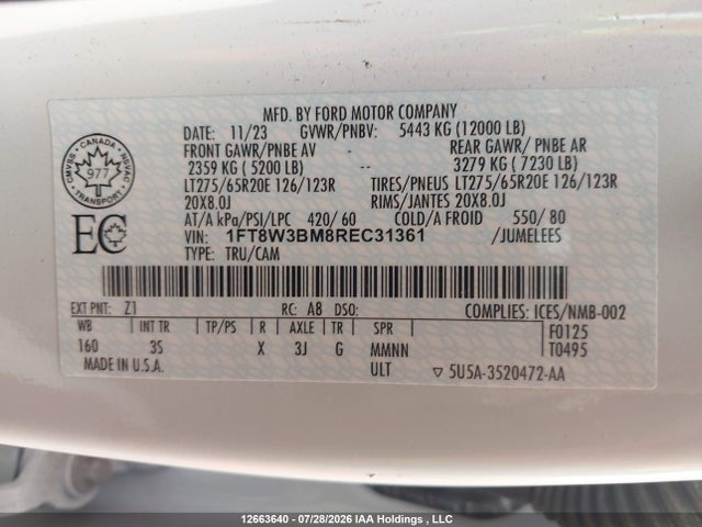 12663640 :رقم المزاد ، 1FT8W3BM8REC31361 vin ، 2024 Ford F-350 Xlt مزاد بيع