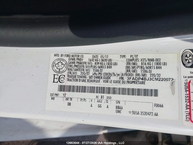 Продаж на аукціоні авто 2012 Ford Fiesta Se, vin: 3FADP4BJ3CM220072, номер лоту: 12663644