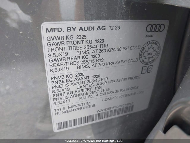 Продажа на аукционе авто 2024 Audi Q3, vin: WA1DEDF30R1074242, номер лота: 12663645