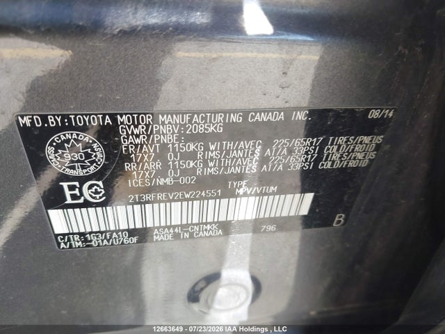 12663649 :رقم المزاد ، 2T3RFREV2EW224551 vin ، 2014 Toyota Rav4 Xle مزاد بيع