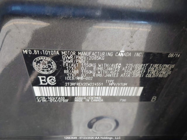 12663649 :رقم المزاد ، 2T3RFREV2EW224551 vin ، 2014 Toyota Rav4 Xle مزاد بيع