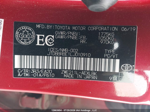 JTDBBRBE1LJ010910 Toyota Corolla Hybrid