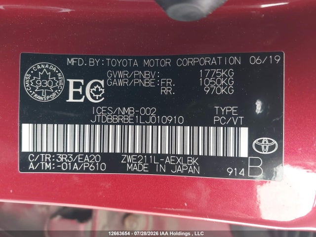 JTDBBRBE1LJ010910 Toyota Corolla Hybrid
