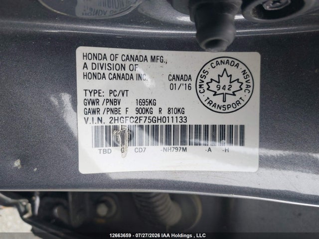 Aukcja sprzedaży 2016 Honda Civic Ex, vin: 2HGFC2F75GH011133, numer aukcji: 12663659