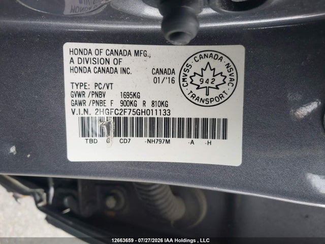 Aukcja sprzedaży 2016 Honda Civic Ex, vin: 2HGFC2F75GH011133, numer aukcji: 12663659