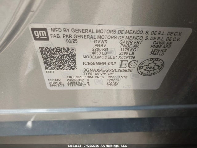 12663663 :رقم المزاد ، 3GNAXPEGXSL265620 vin ، 2025 Chevrolet Equinox Lt مزاد بيع